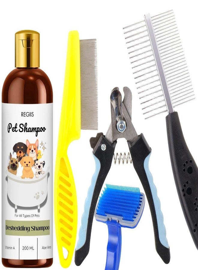 Regiis Pet Grooming Kit with Deshedding Shampoo, Nail Clipper, Metal Combs, Self-Cleaning Brush for Dogs, 200ml(PACK OF 5) - Image 1
